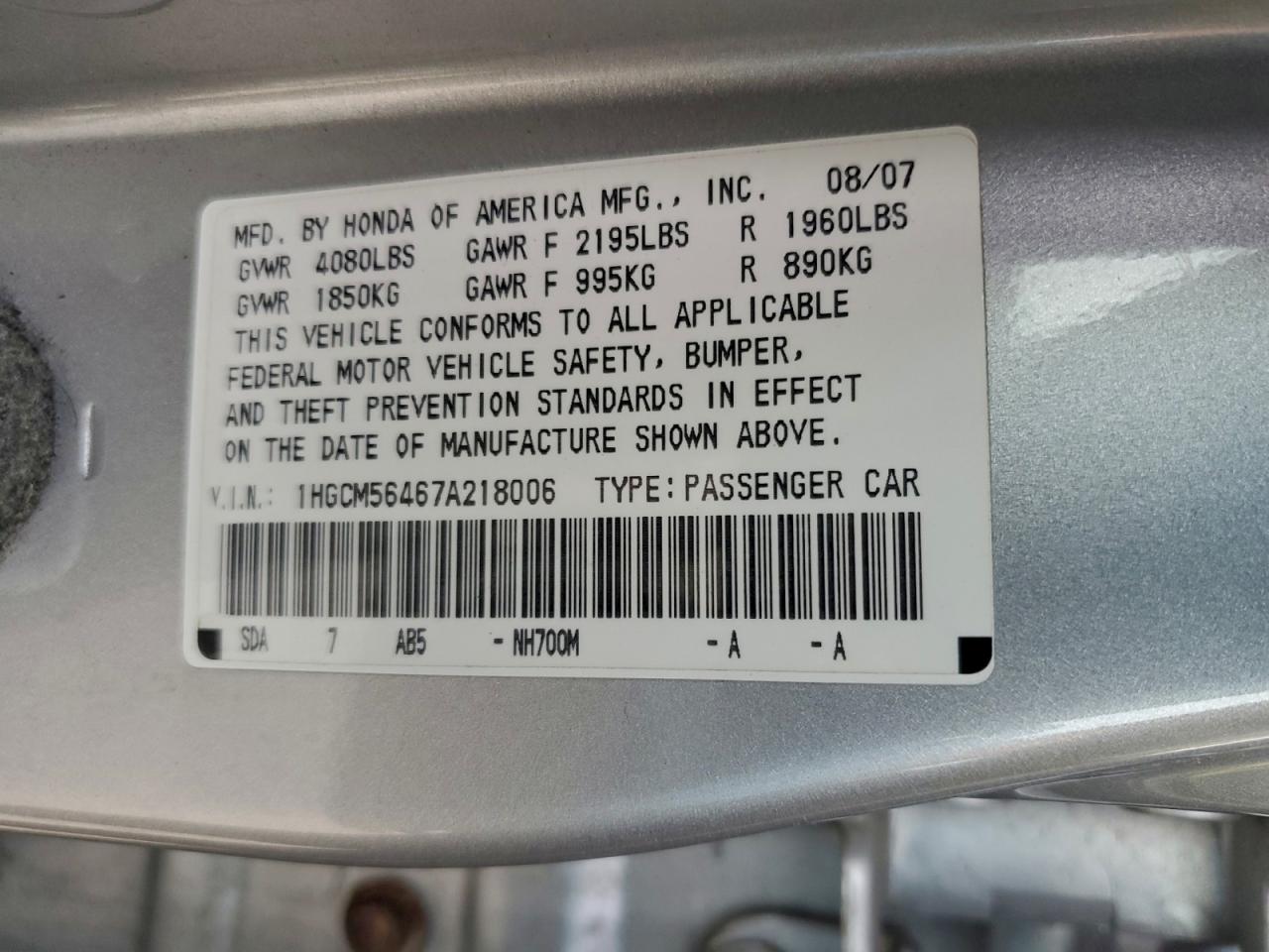 2007 HONDA ACCORD LX photo 45