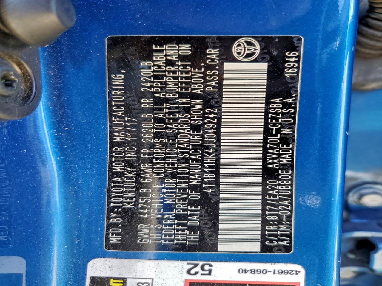 2018 TOYOTA CAMRY L photo 12