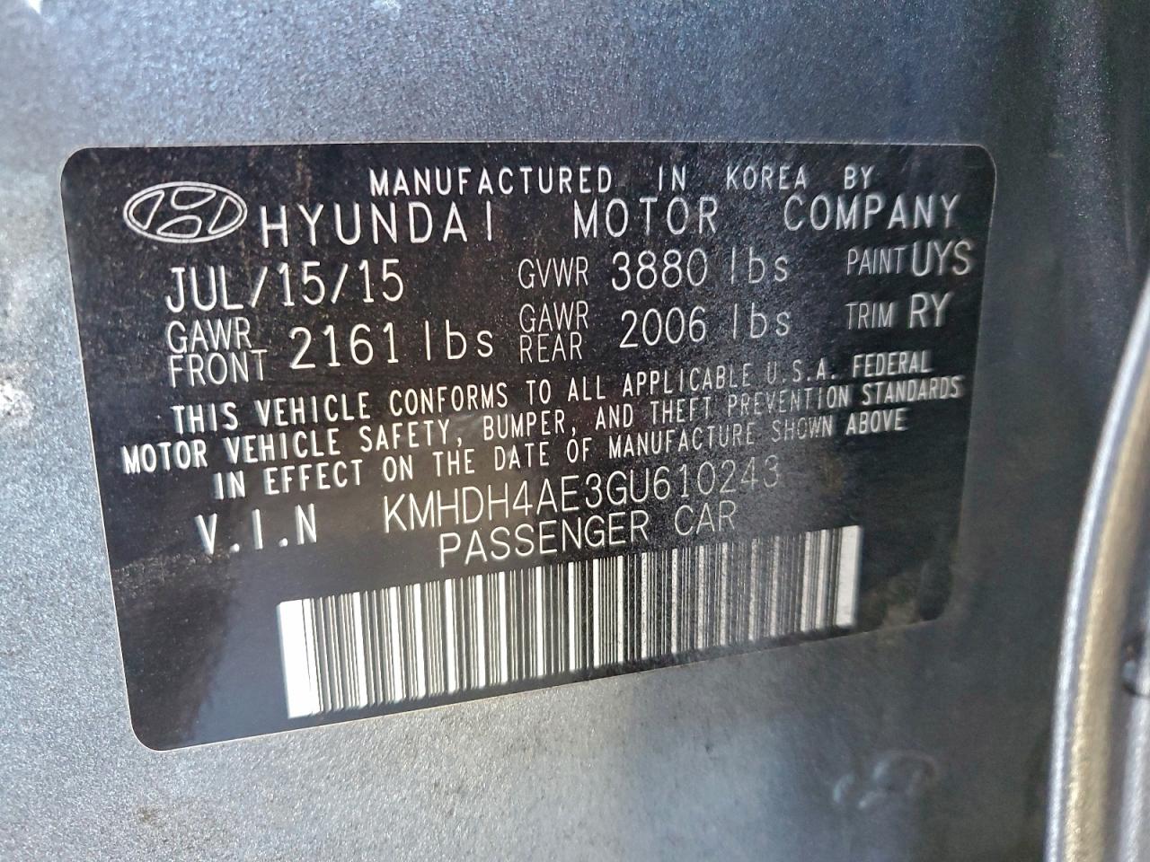 2016 HYUNDAI ELANTRA SE photo 12