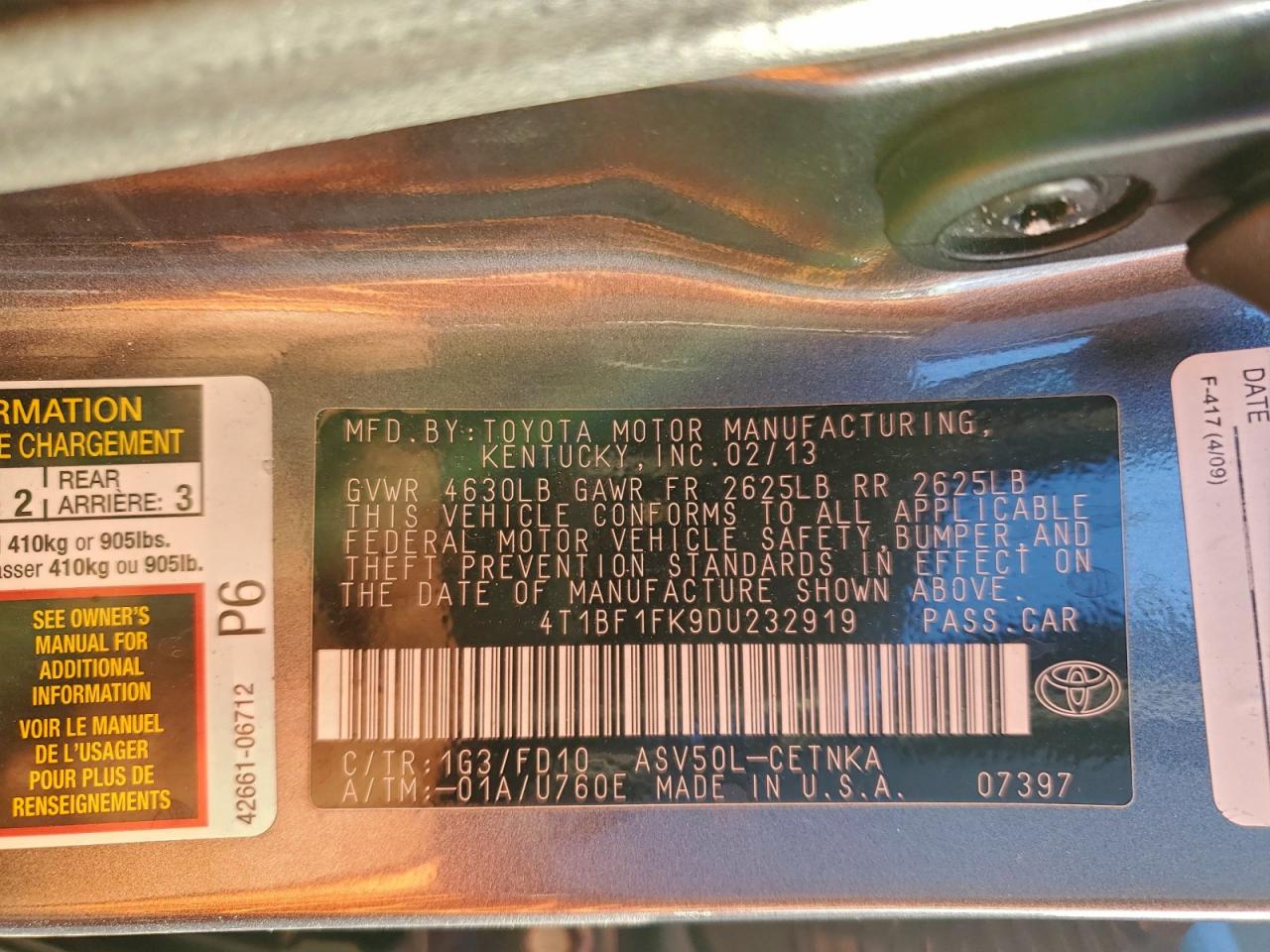 2013 TOYOTA CAMRY L photo 12