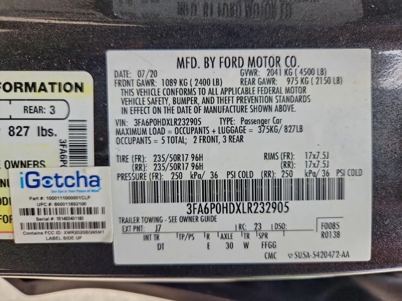 2020 FORD FUSION SE photo 13