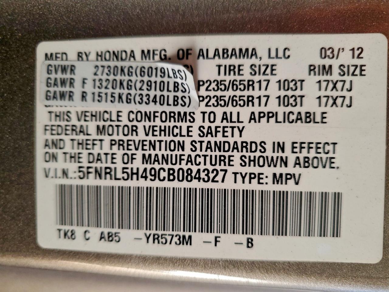 2012 HONDA ODYSSEY EX photo 13