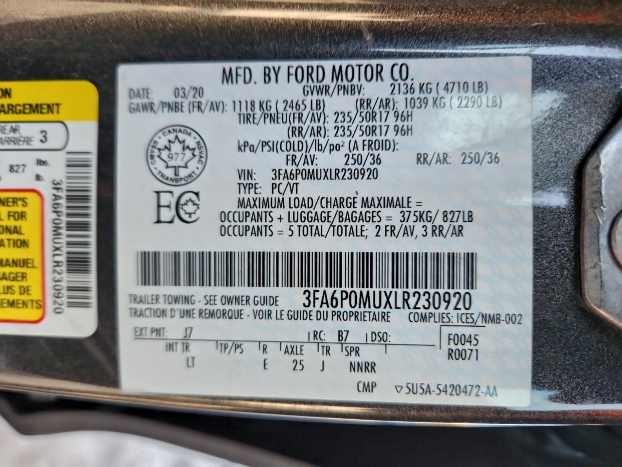 2020 FORD FUSION SEL photo 34