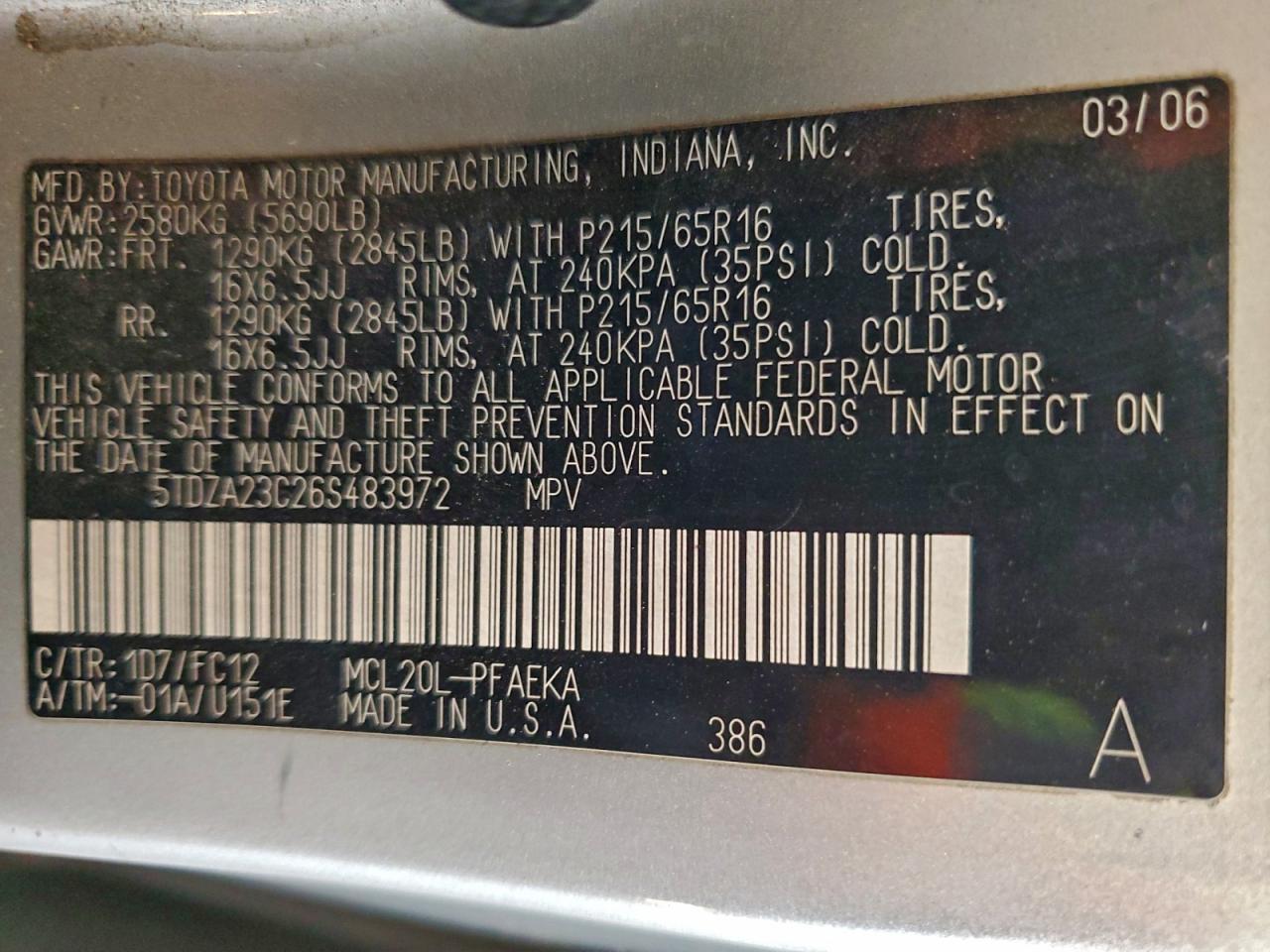 2006 TOYOTA SIENNA CE photo 53