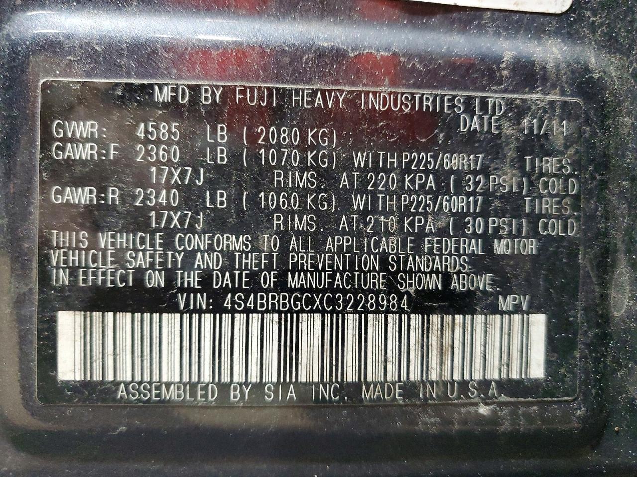 2012 SUBARU OUTBACK 2.5I PREMIUM photo 13