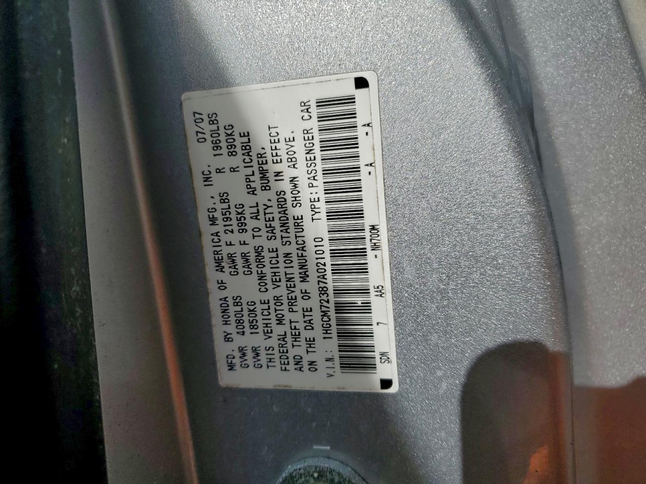 2007 HONDA ACCORD LX photo 12