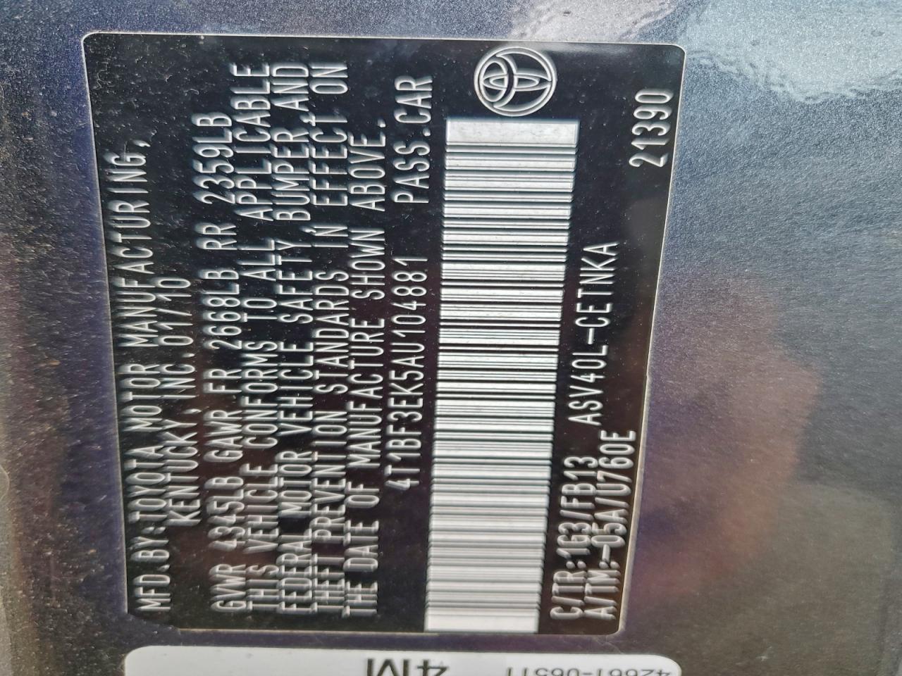 2010 TOYOTA CAMRY BASE photo 12