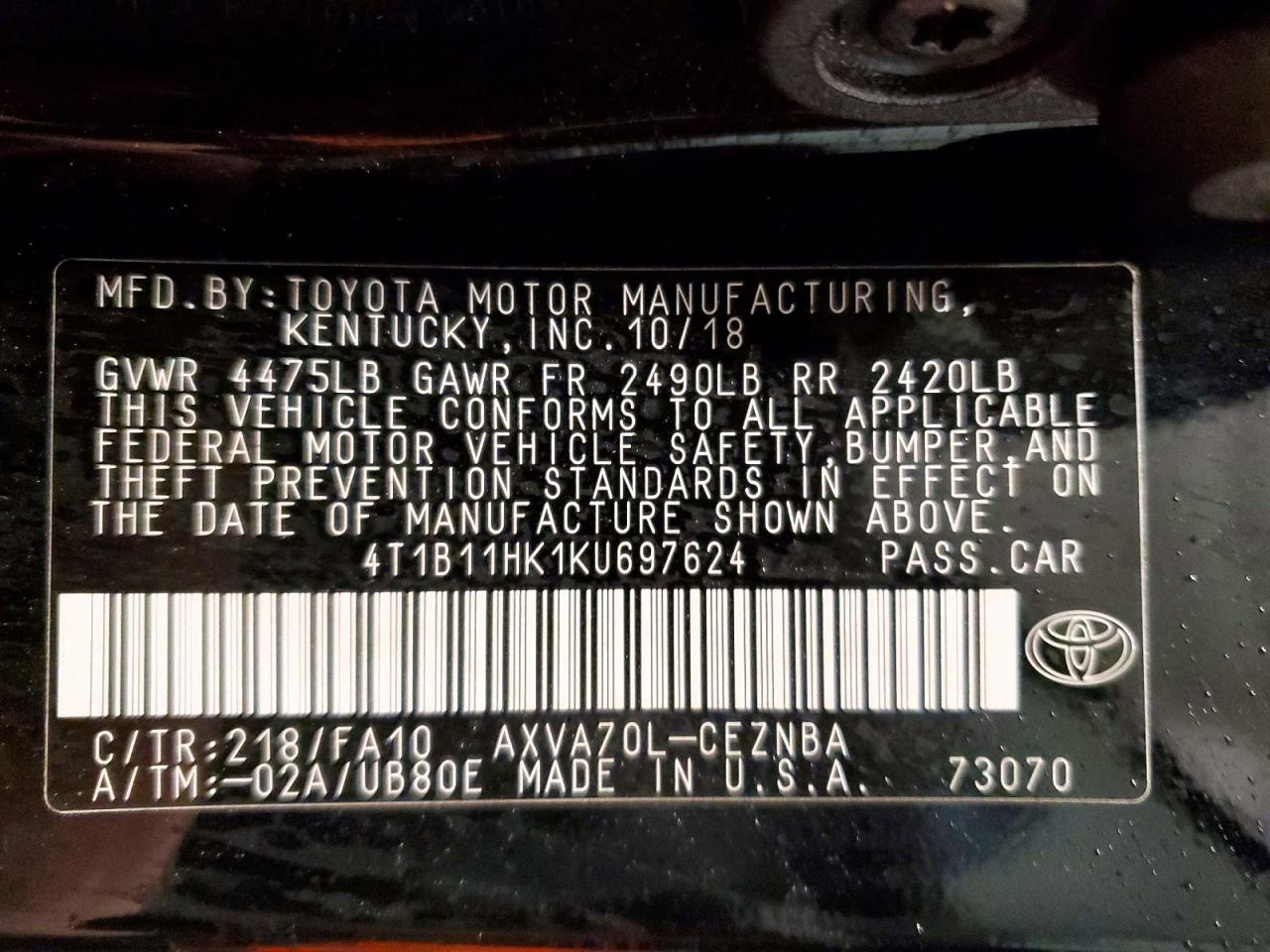 2019 TOYOTA CAMRY L photo 12