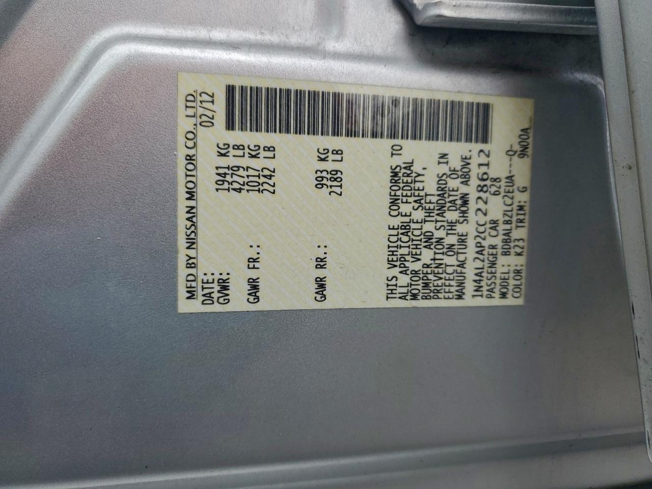 2012 NISSAN ALTIMA BASE photo 12