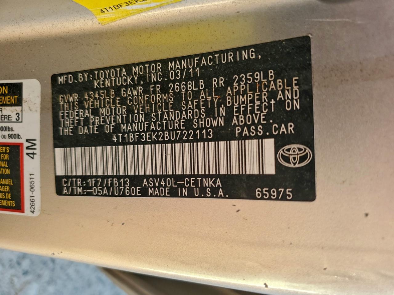 2011 TOYOTA CAMRY BASE photo 12