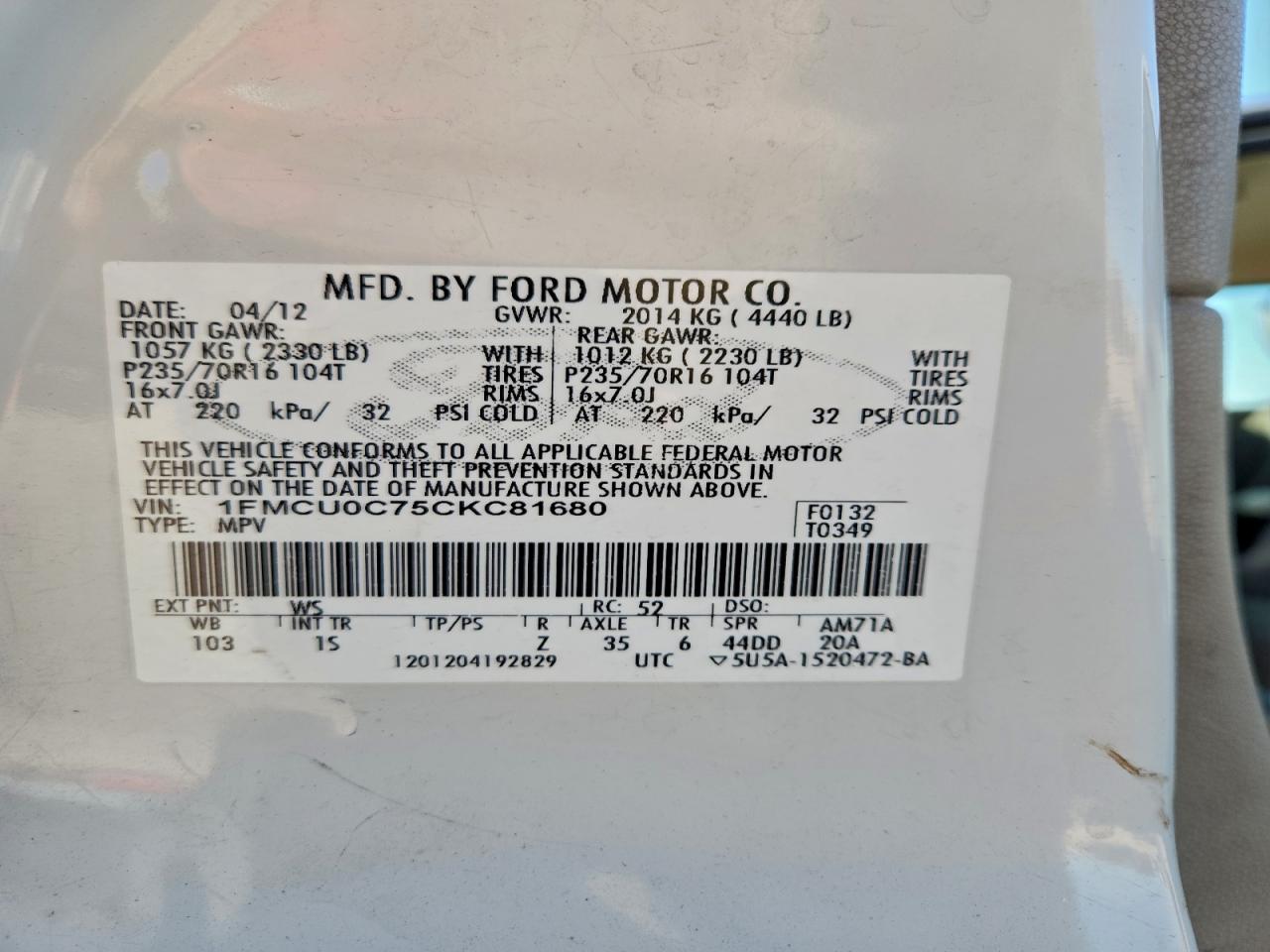 2012 FORD ESCAPE XLS photo 14