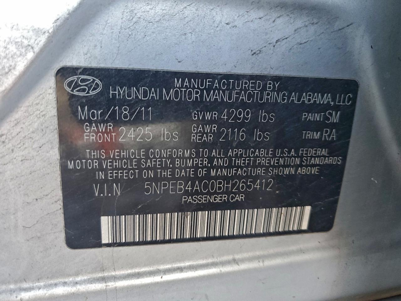 2011 HYUNDAI SONATA GLS photo 12