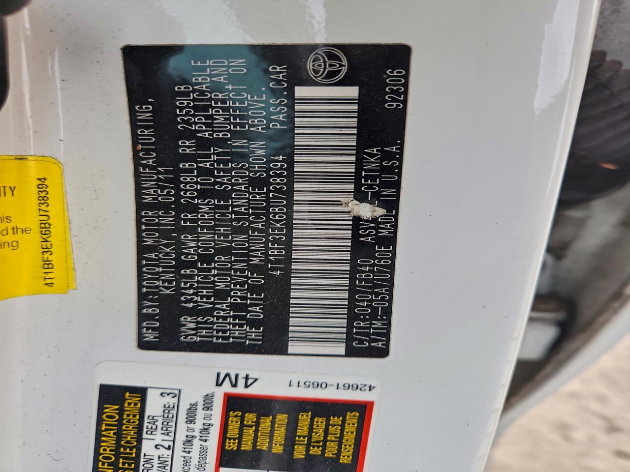 2011 TOYOTA CAMRY BASE photo 12