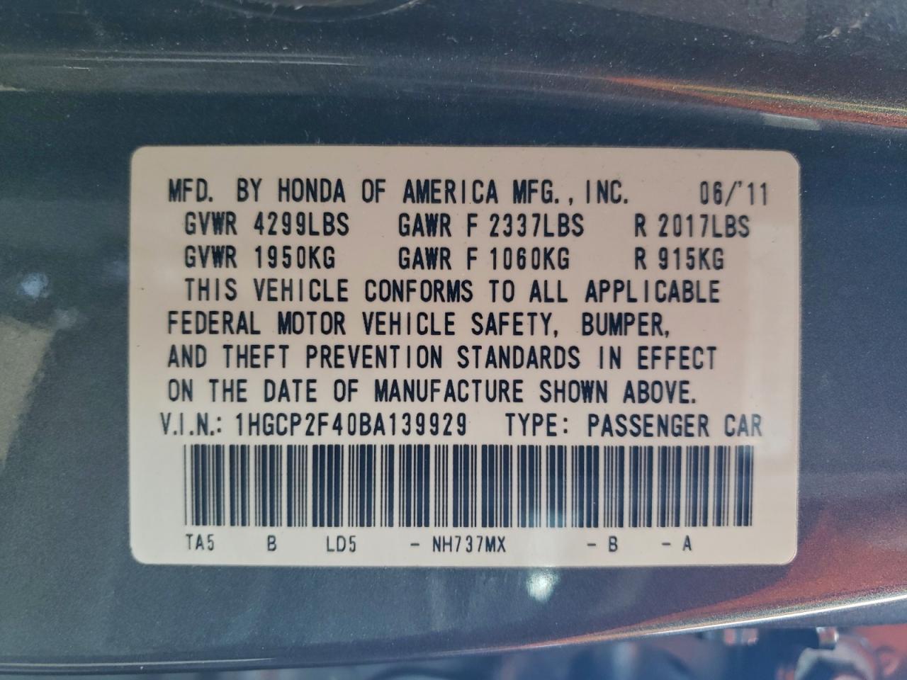 2011 HONDA ACCORD LXP photo 12