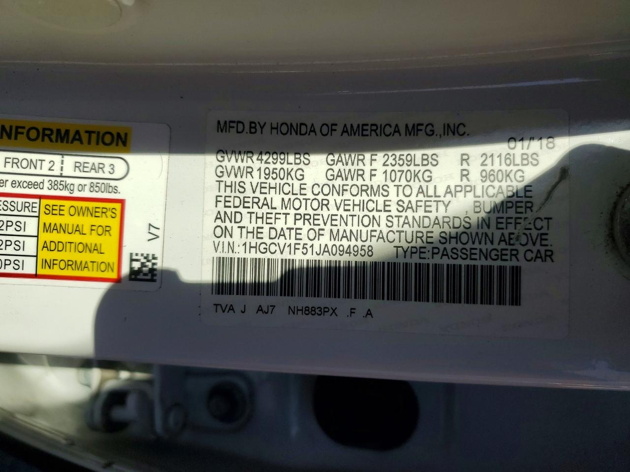 2018 HONDA ACCORD EXL photo 12