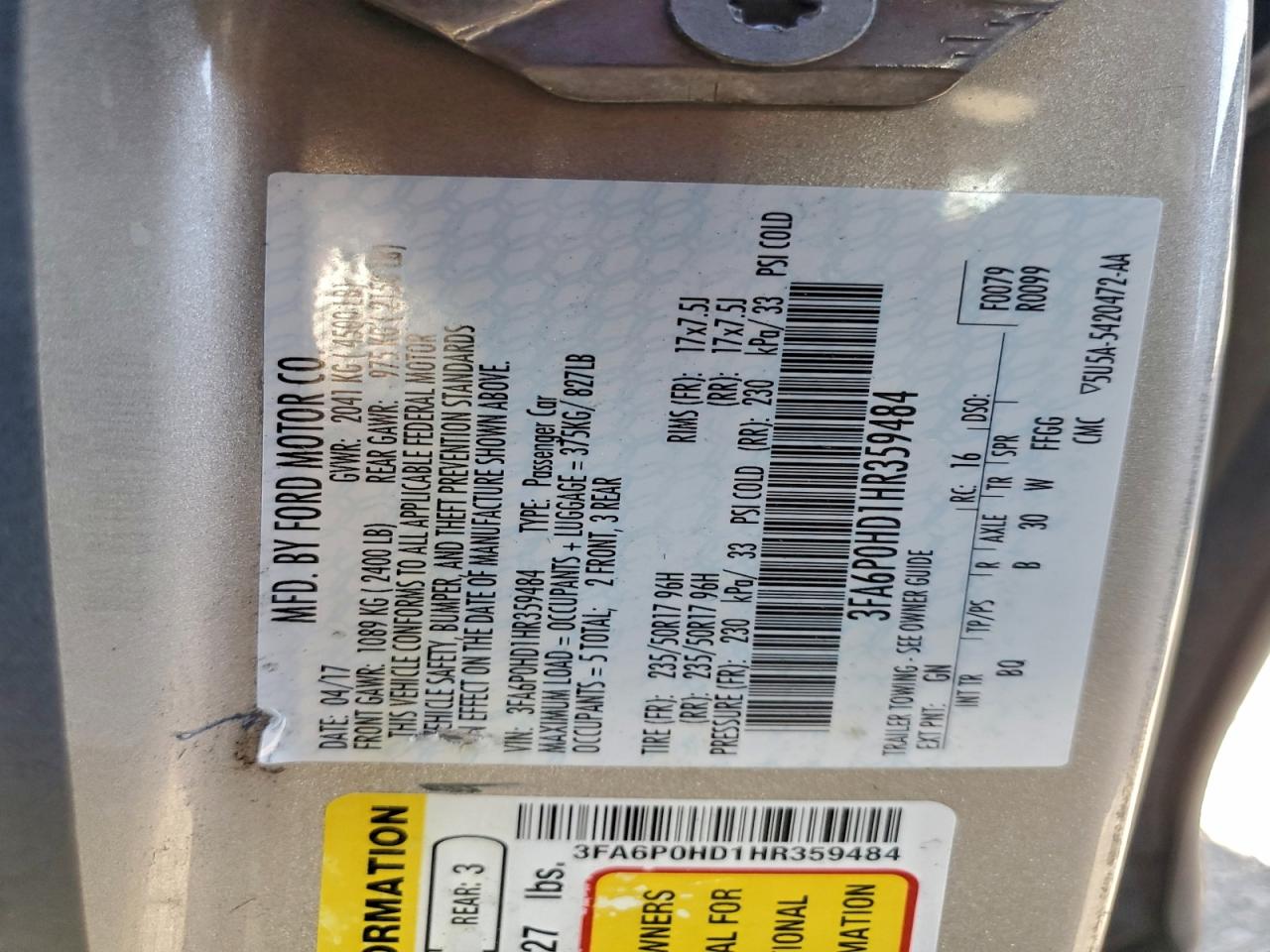 2017 FORD FUSION SE photo 12