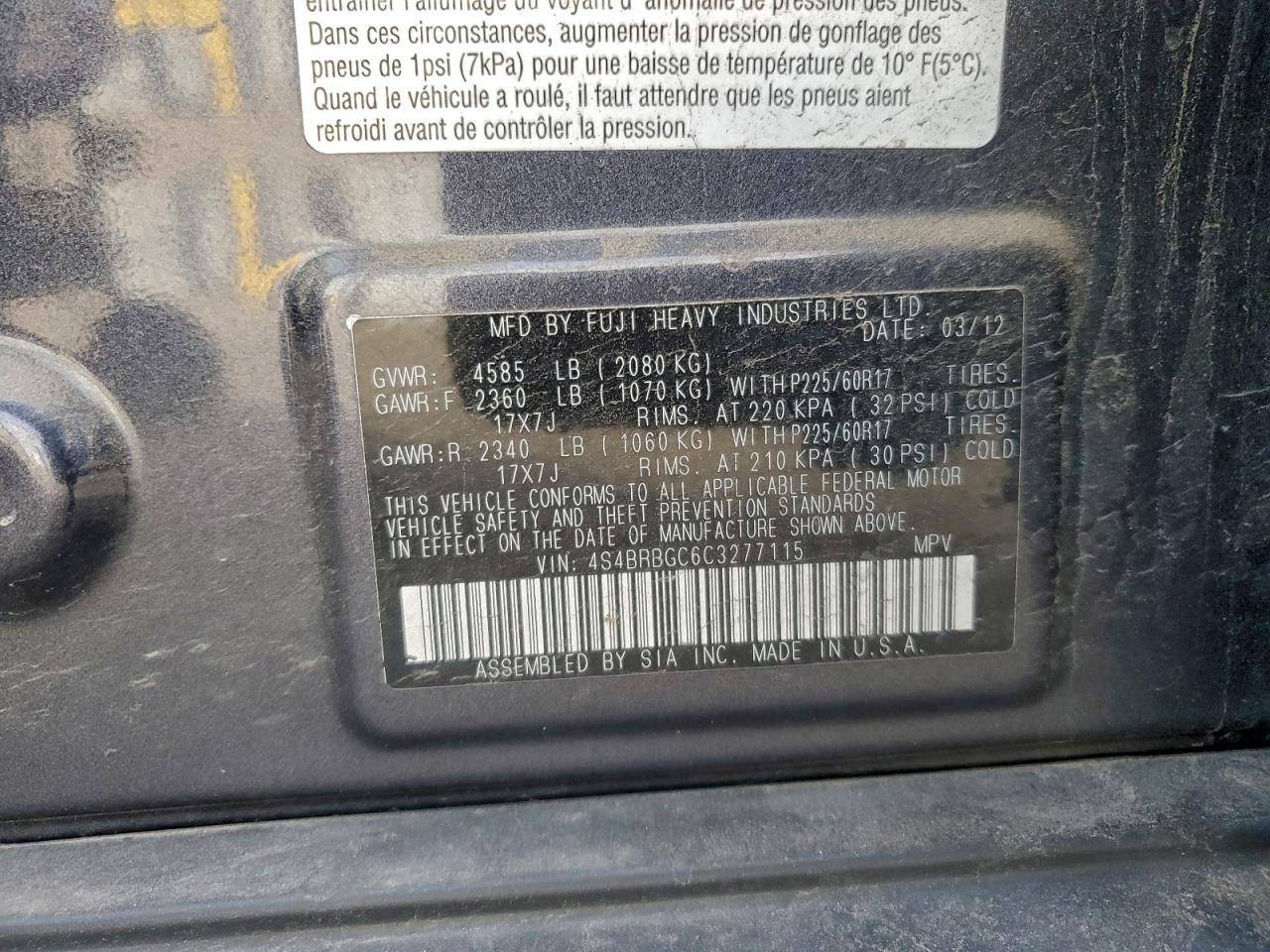 2012 SUBARU OUTBACK 2.5I PREMIUM photo 12