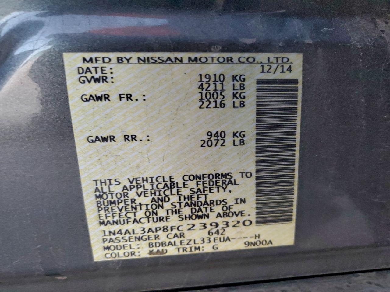 2015 NISSAN ALTIMA 2.5 photo 12