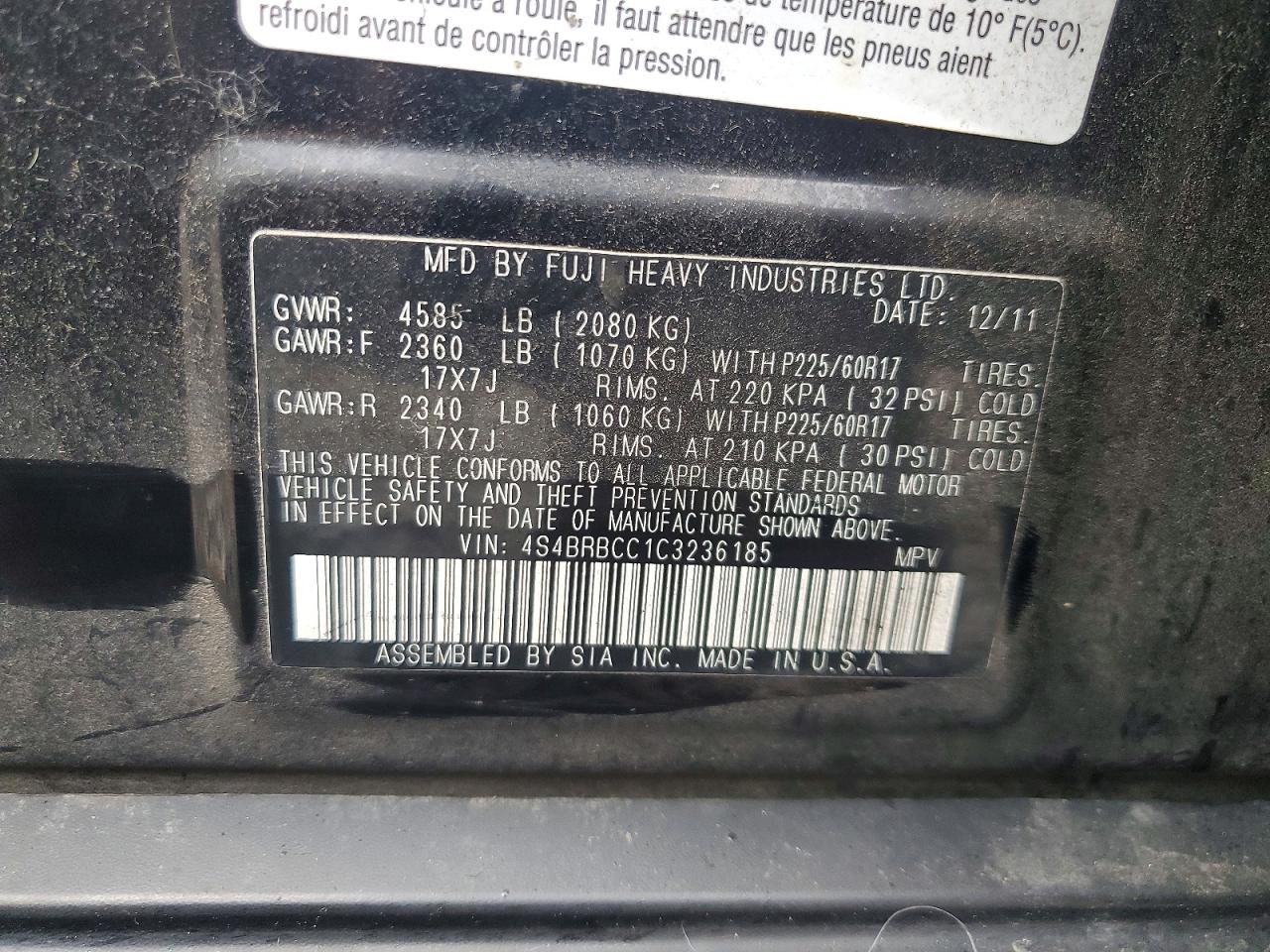 2012 SUBARU OUTBACK 2.5I PREMIUM photo 14