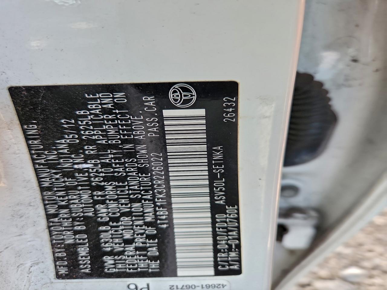2012 TOYOTA CAMRY BASE photo 12
