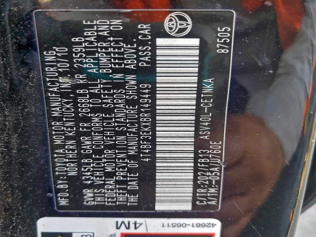 2011 TOYOTA CAMRY BASE photo 12