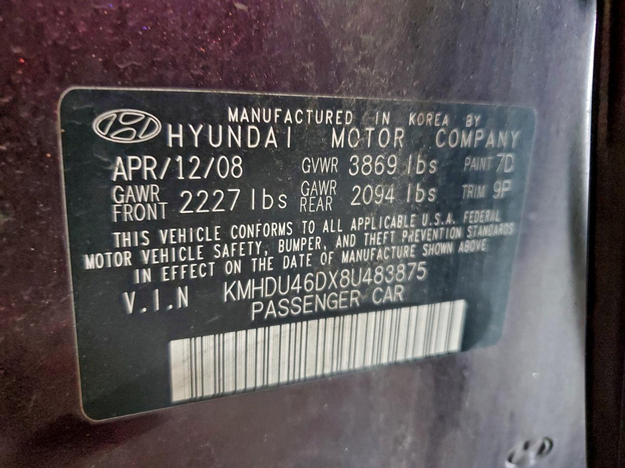 2008 HYUNDAI ELANTRA GLS photo 12