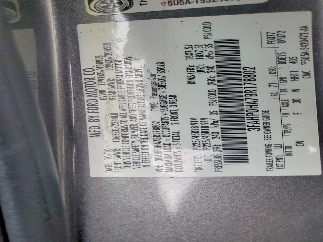 2011 FORD FUSION SE photo 12