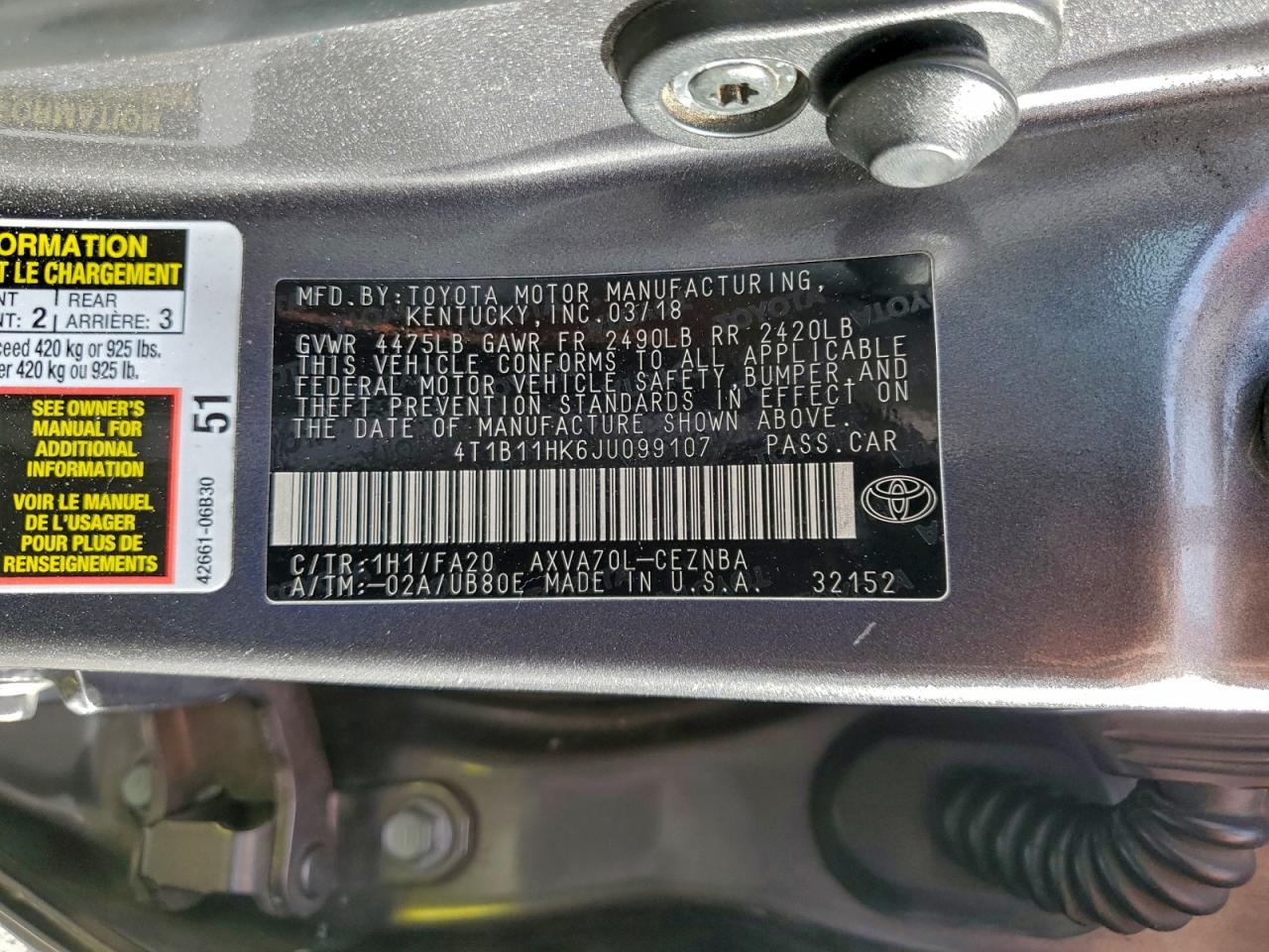 2018 TOYOTA CAMRY L photo 12