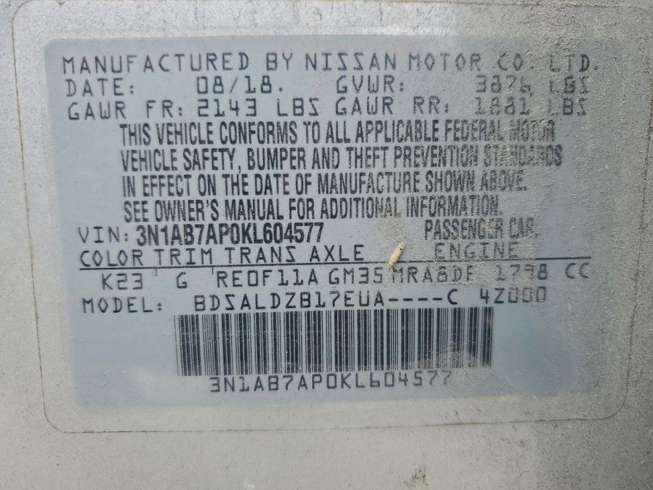 2019 NISSAN SENTRA S photo 13