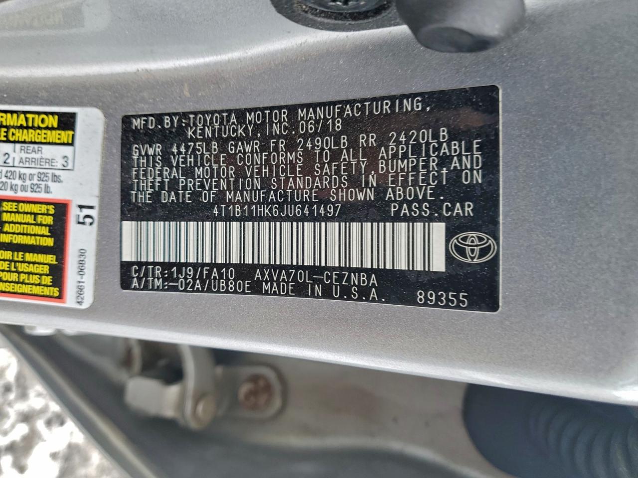 2018 TOYOTA CAMRY L photo 12