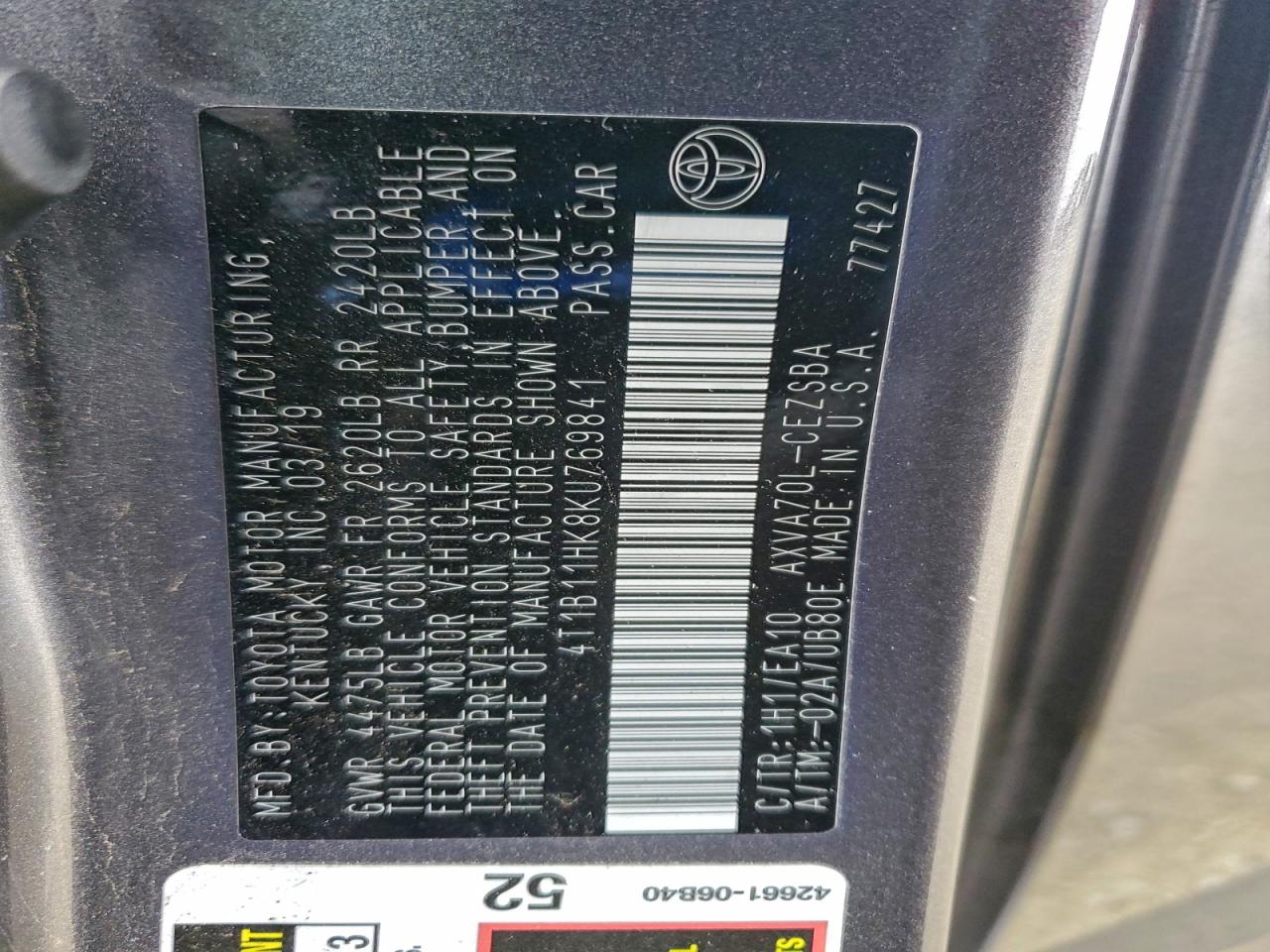 2019 TOYOTA CAMRY L photo 12