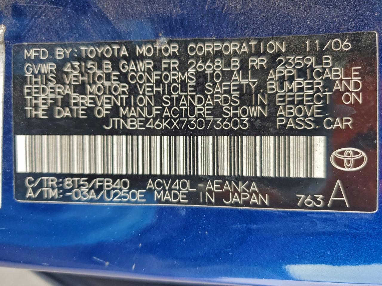 2007 TOYOTA CAMRY CE photo 12