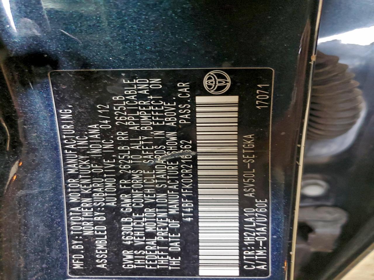 2012 TOYOTA CAMRY BASE photo 12