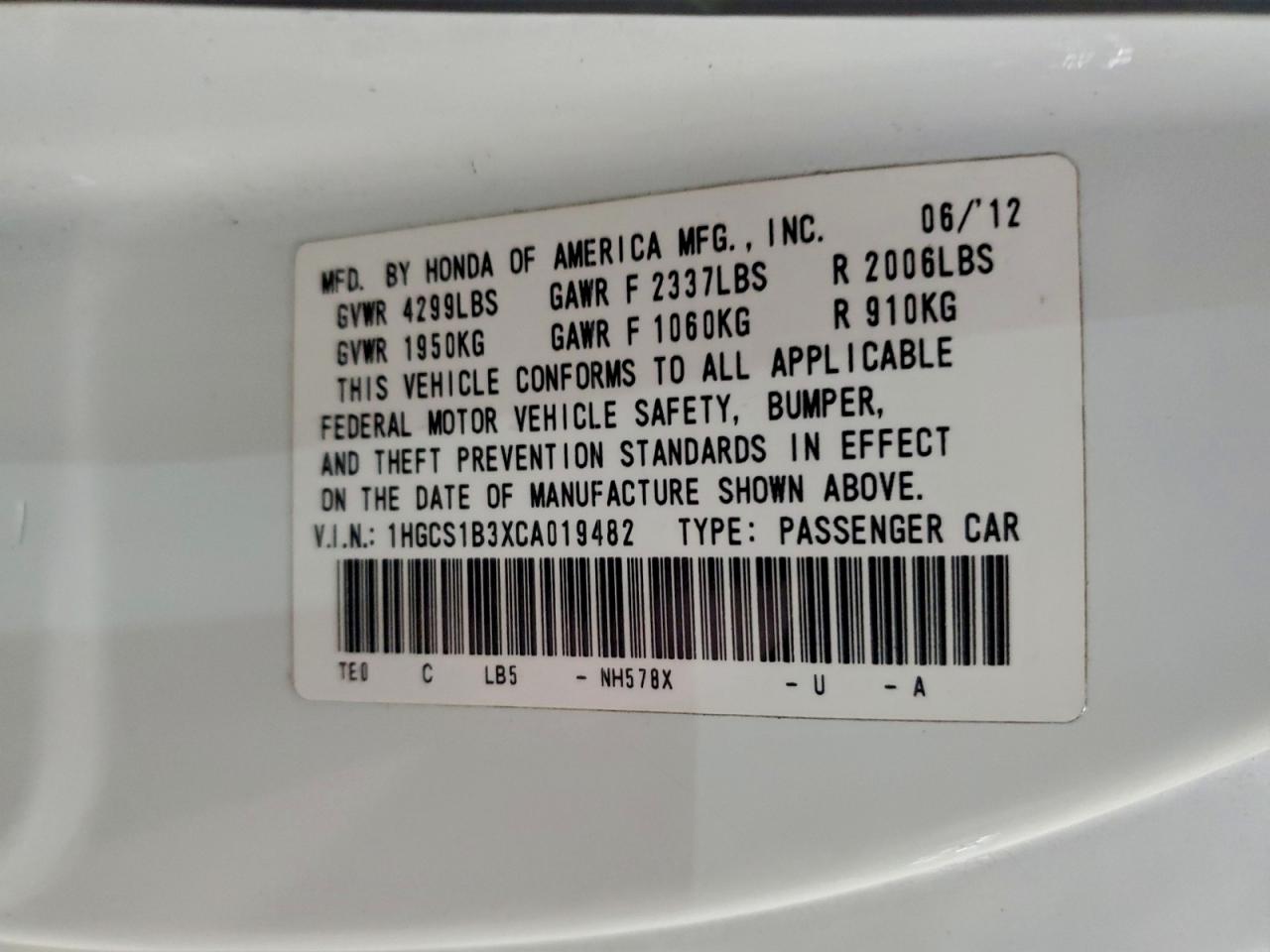 2012 HONDA ACCORD LX photo 12