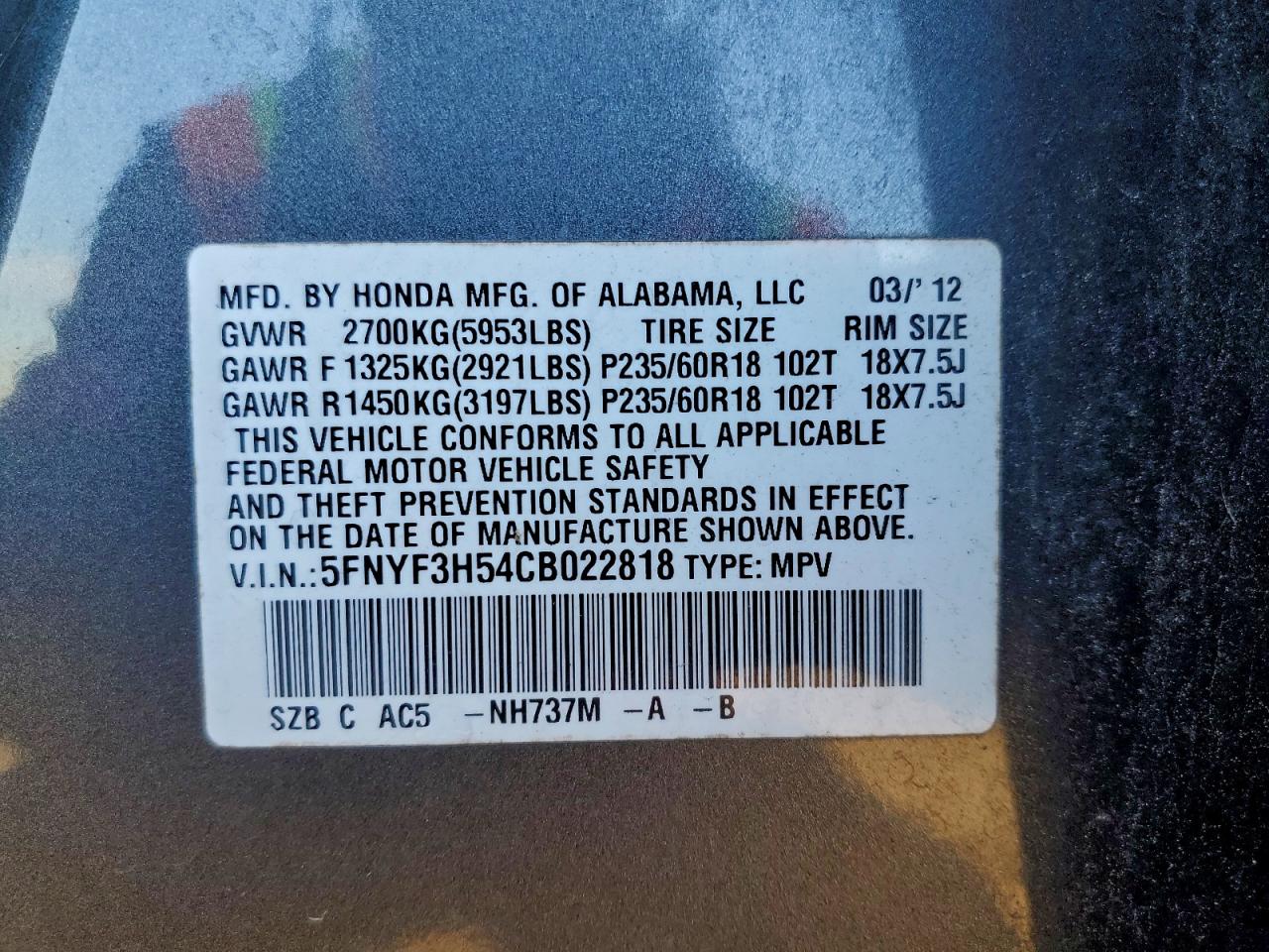 2012 HONDA PILOT EXL photo 14