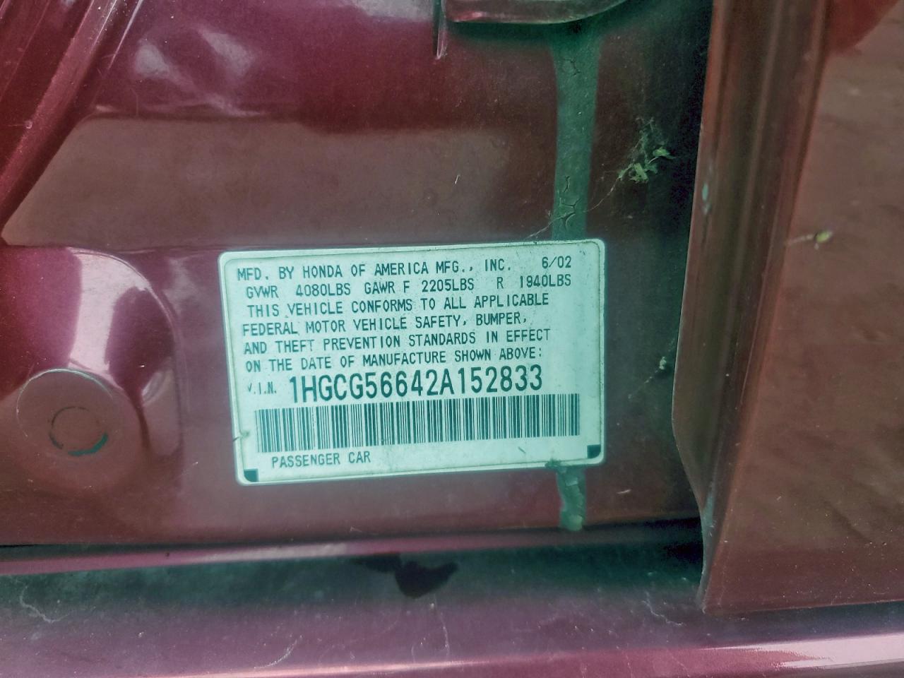 2002 HONDA ACCORD EX photo 12