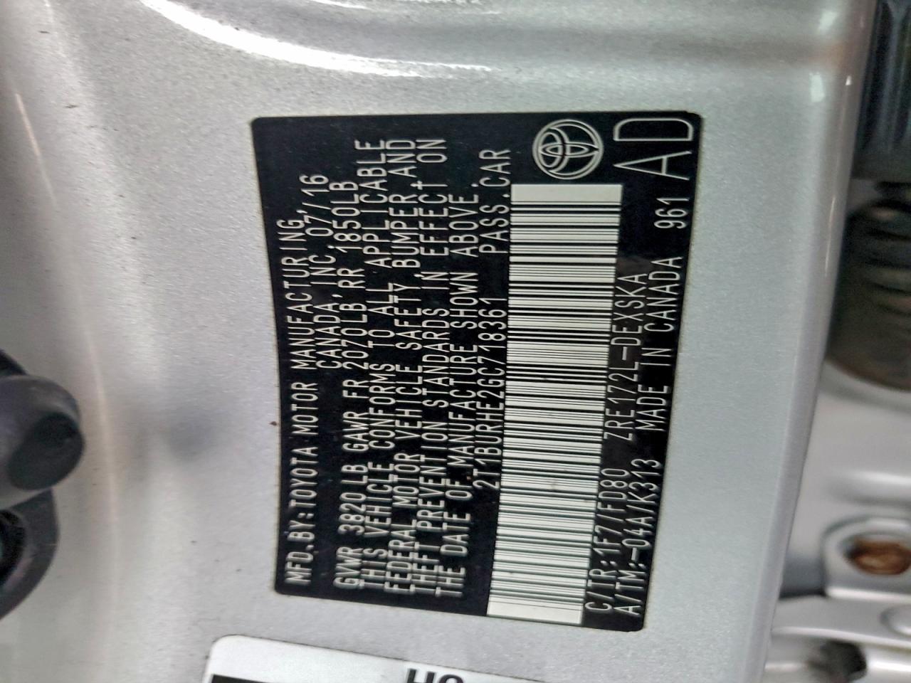 2016 TOYOTA COROLLA L photo 12