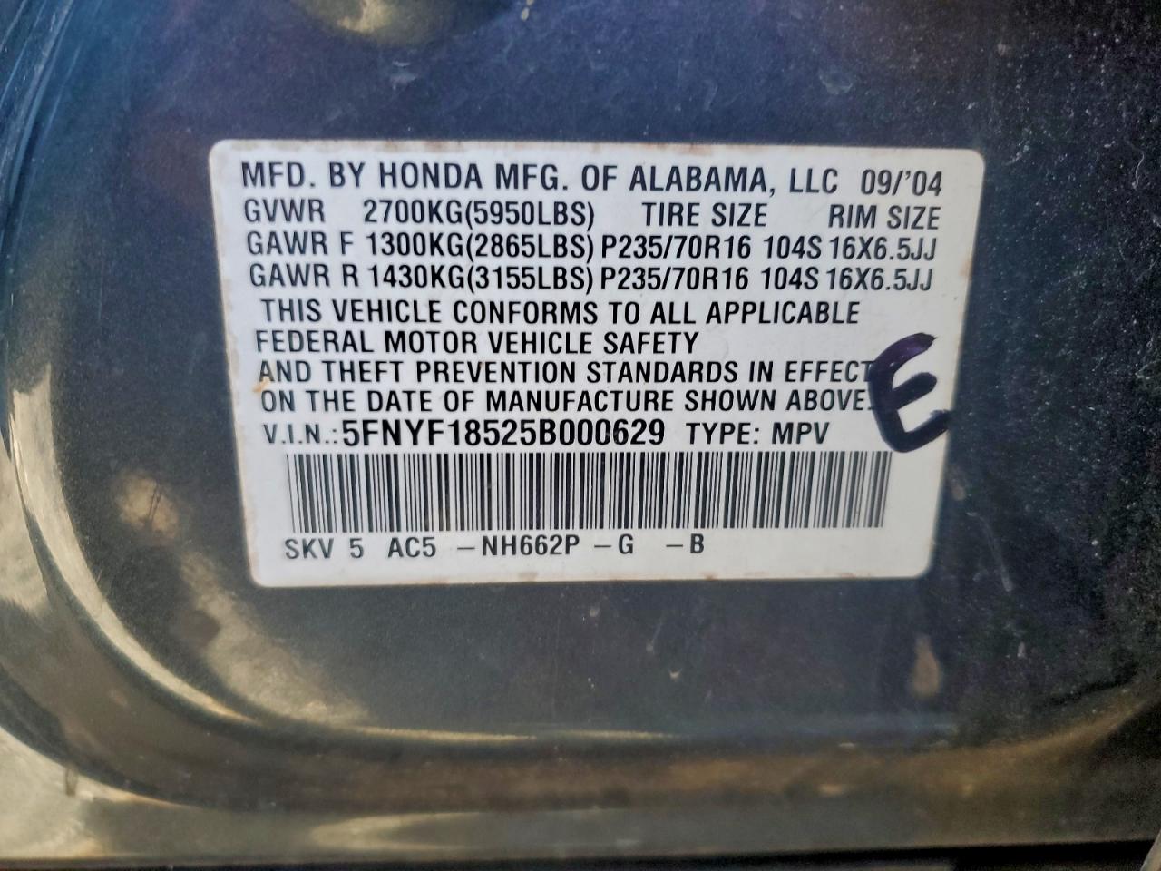 2005 HONDA PILOT EXL photo 13