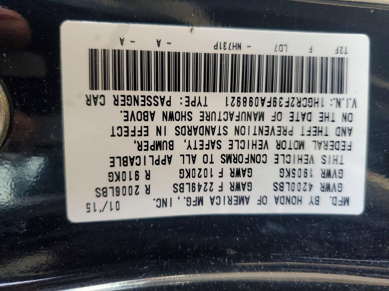 2015 HONDA ACCORD LX photo 12