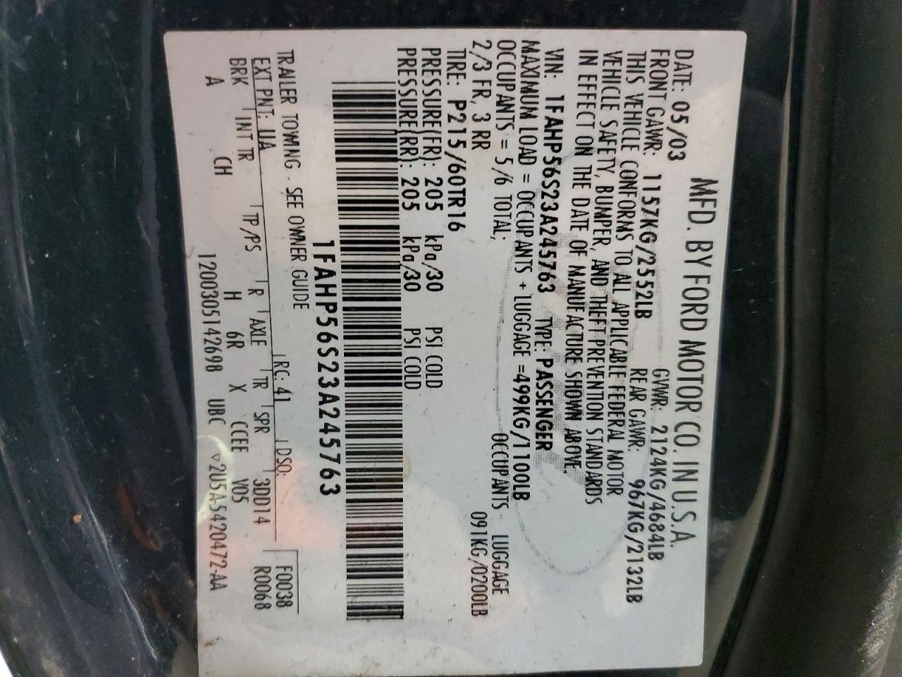 2003 FORD TAURUS SEL photo 12