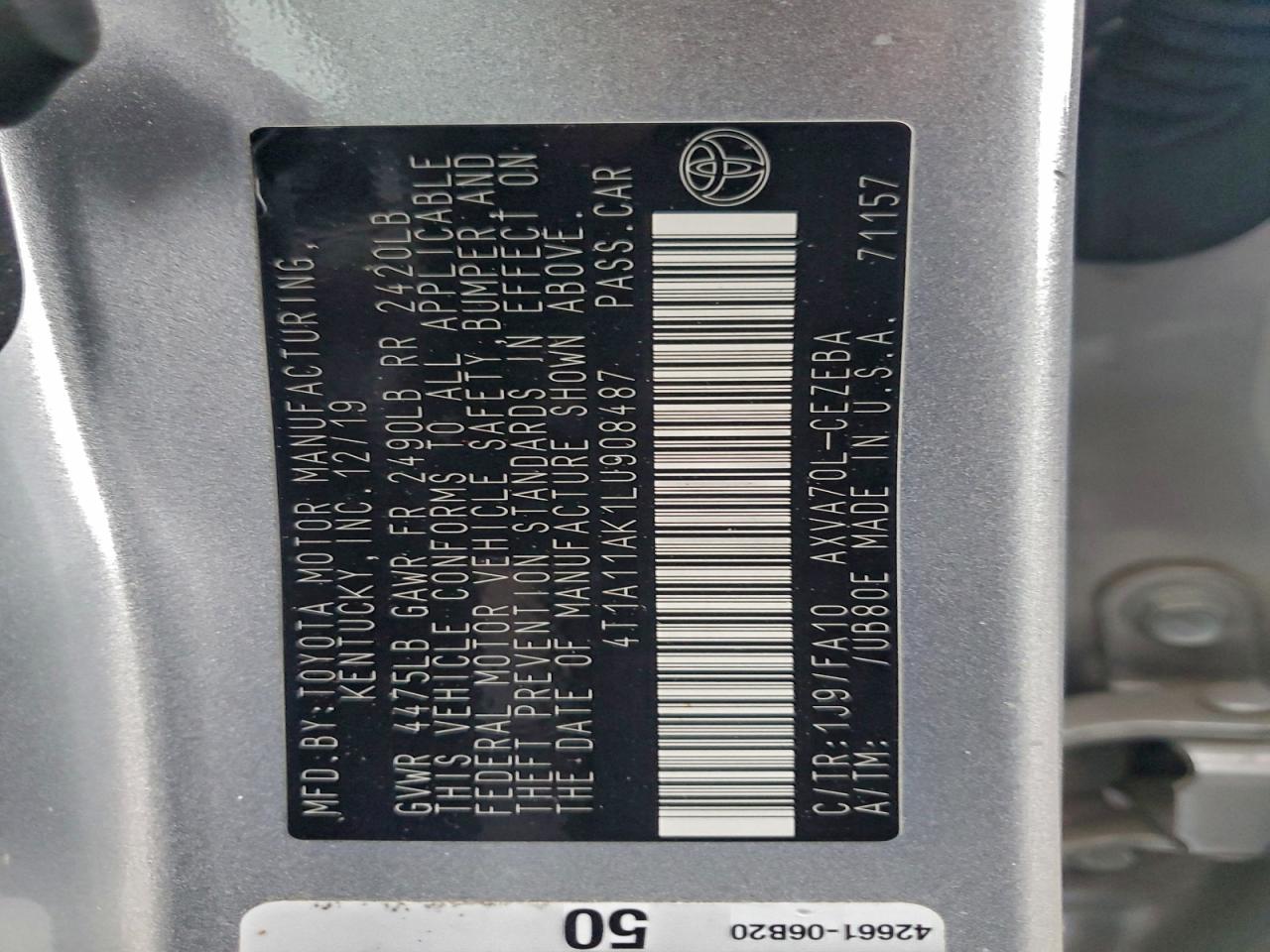2020 TOYOTA CAMRY L photo 12