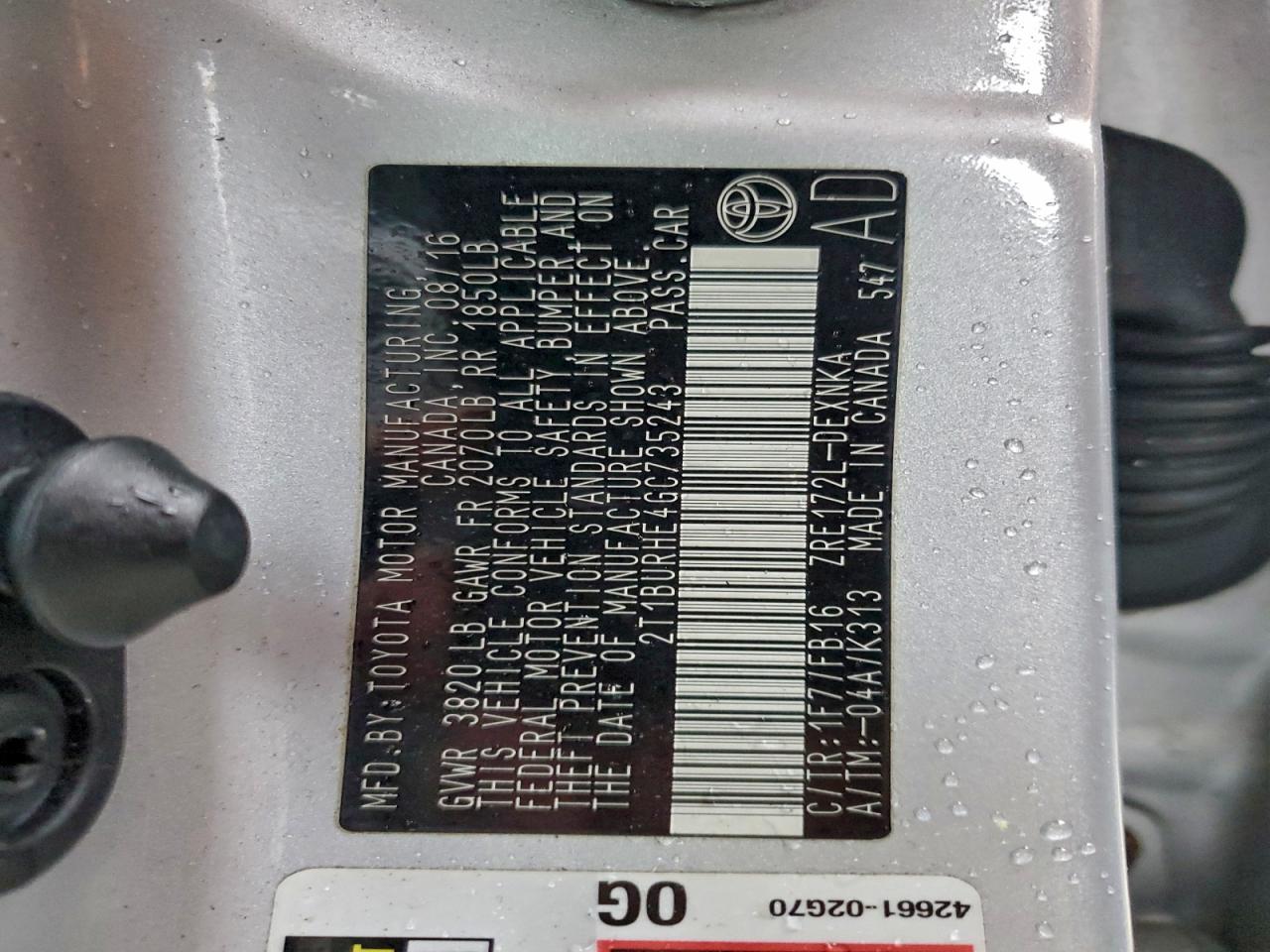 2016 TOYOTA COROLLA L photo 12