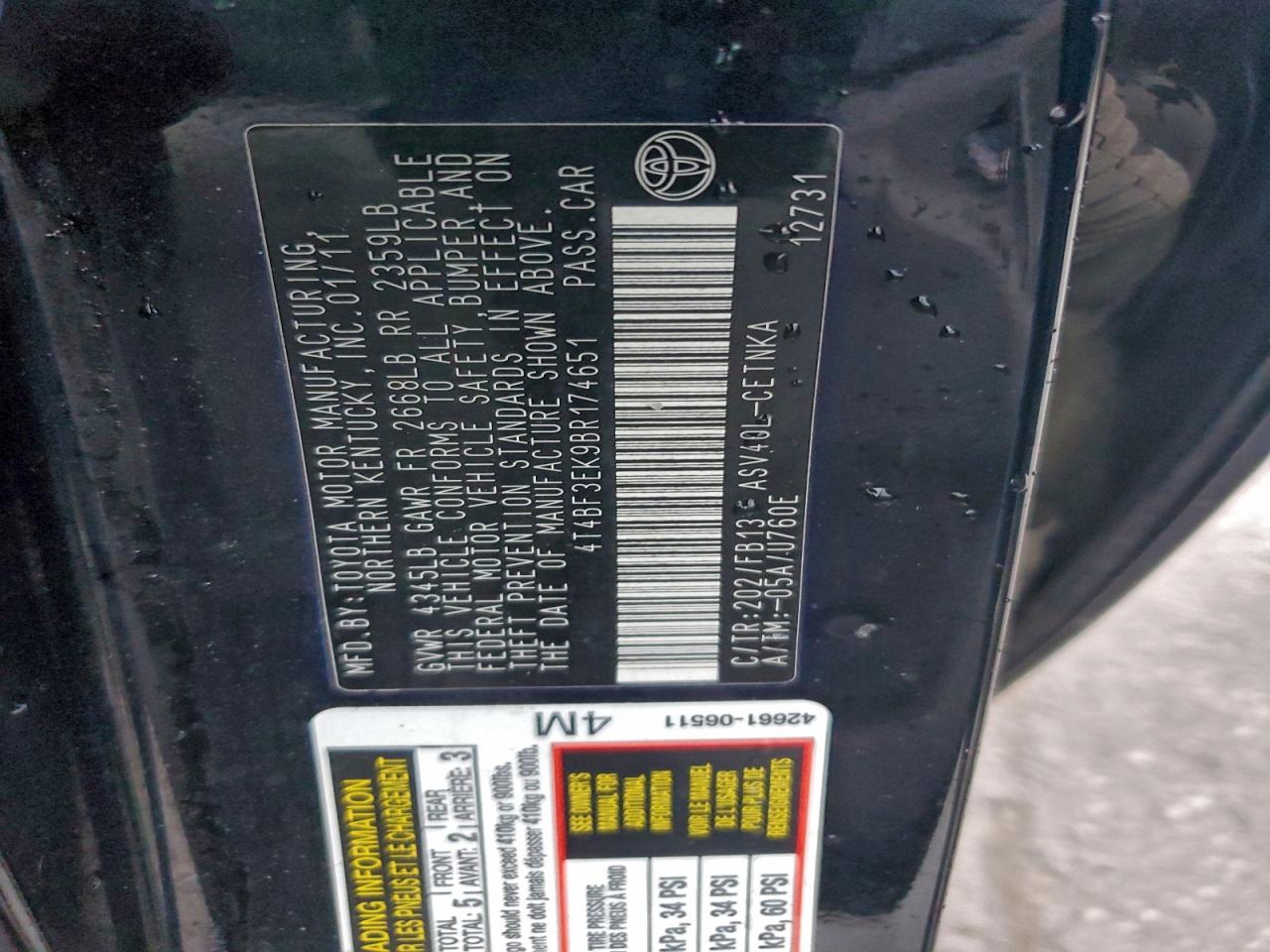 2011 TOYOTA CAMRY BASE photo 12