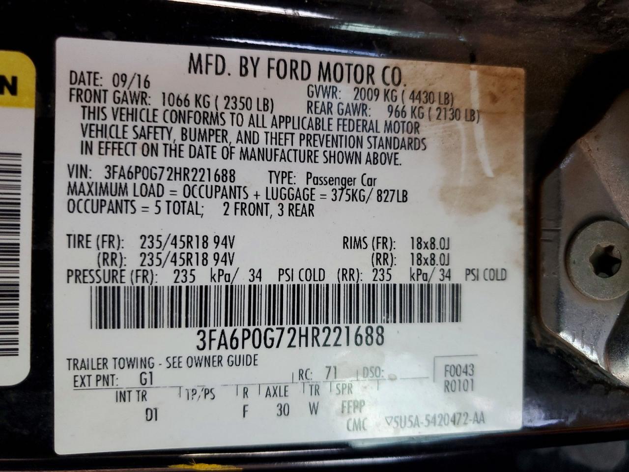 2017 FORD FUSION S photo 12