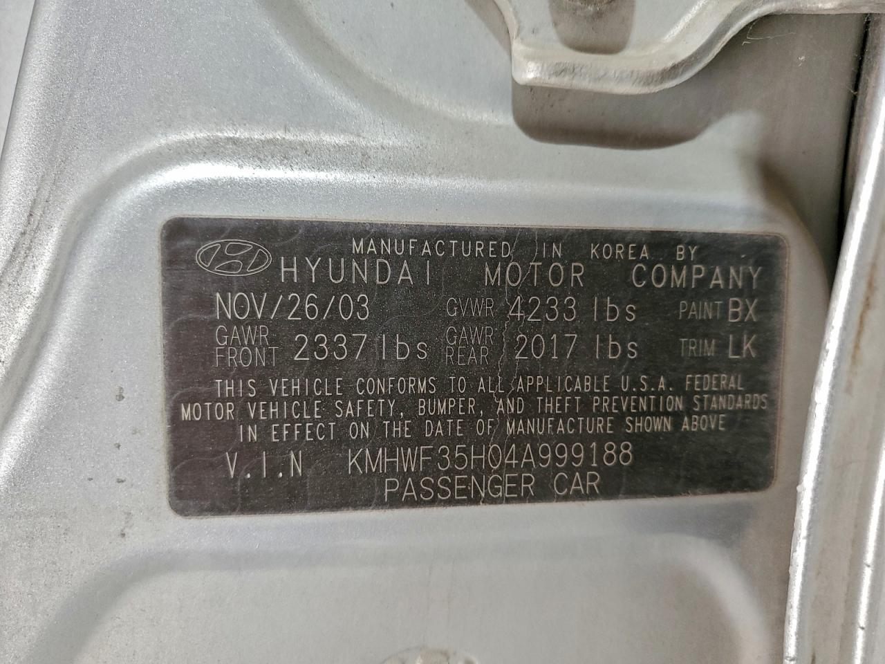 2004 HYUNDAI SONATA GLS photo 12