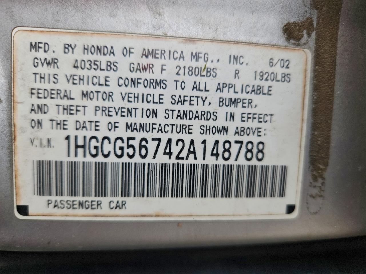 2002 HONDA ACCORD SE photo 12