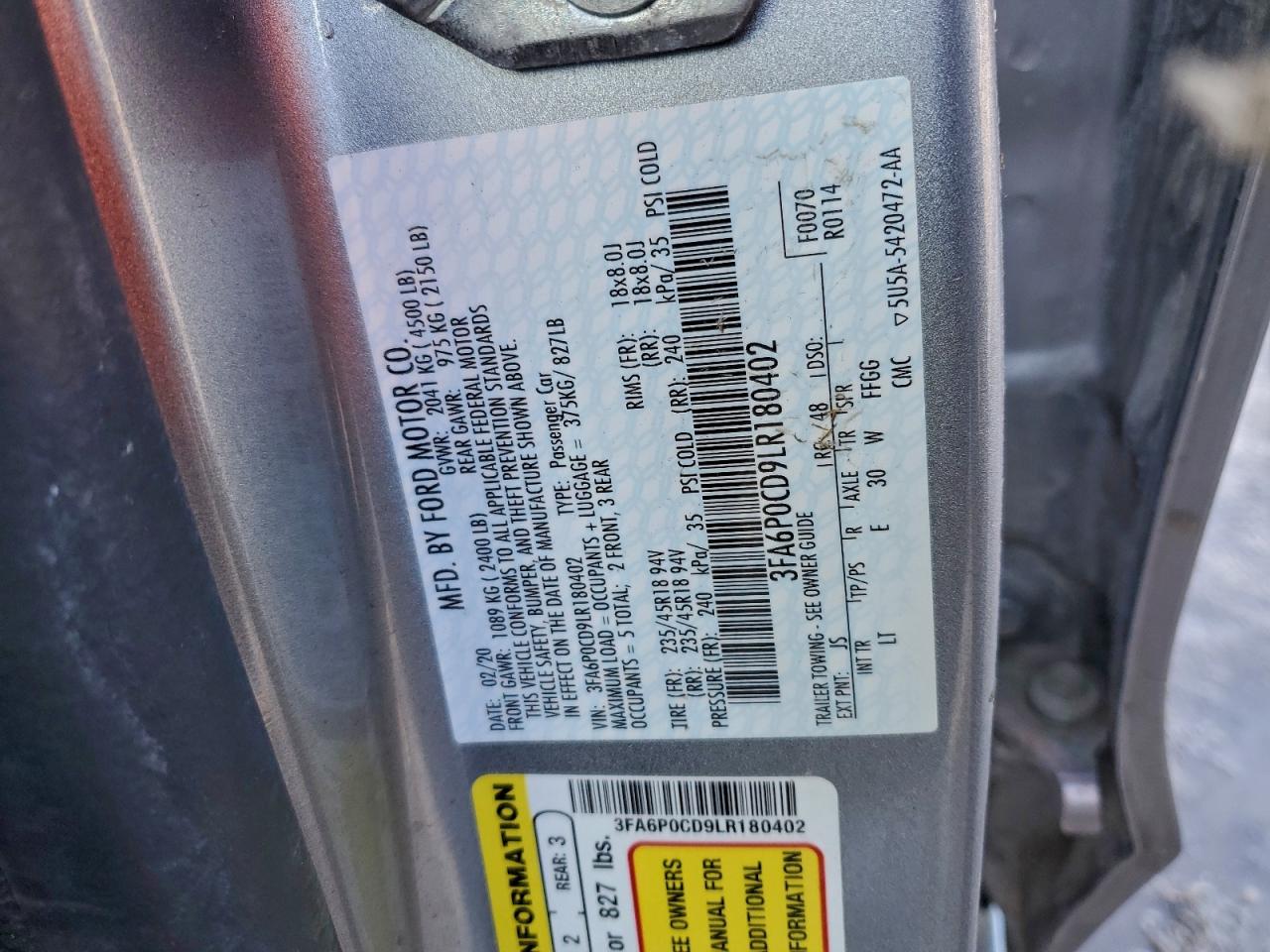 2020 FORD FUSION SEL photo 12