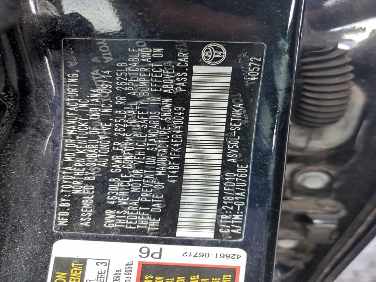 2014 TOYOTA CAMRY L photo 12