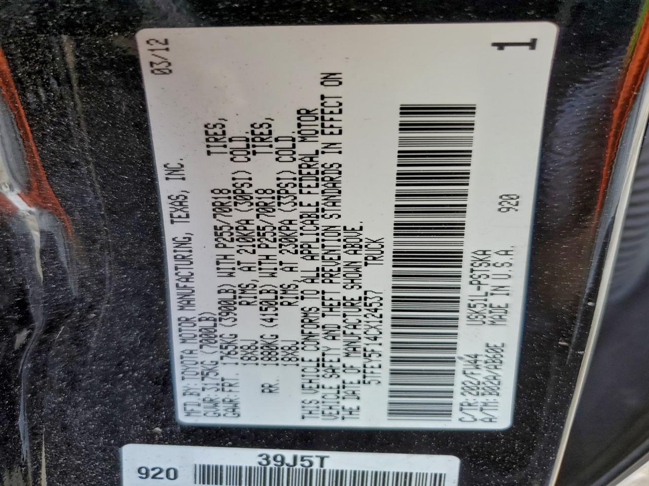 2012 TOYOTA TUNDRA CREWMAX SR5 photo 12