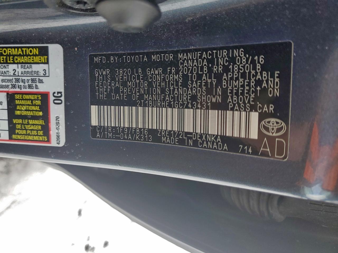 2016 TOYOTA COROLLA L photo 12